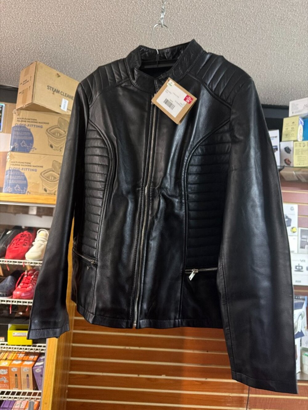 Womens Black Quilted Leather Jacket NWT Size Large